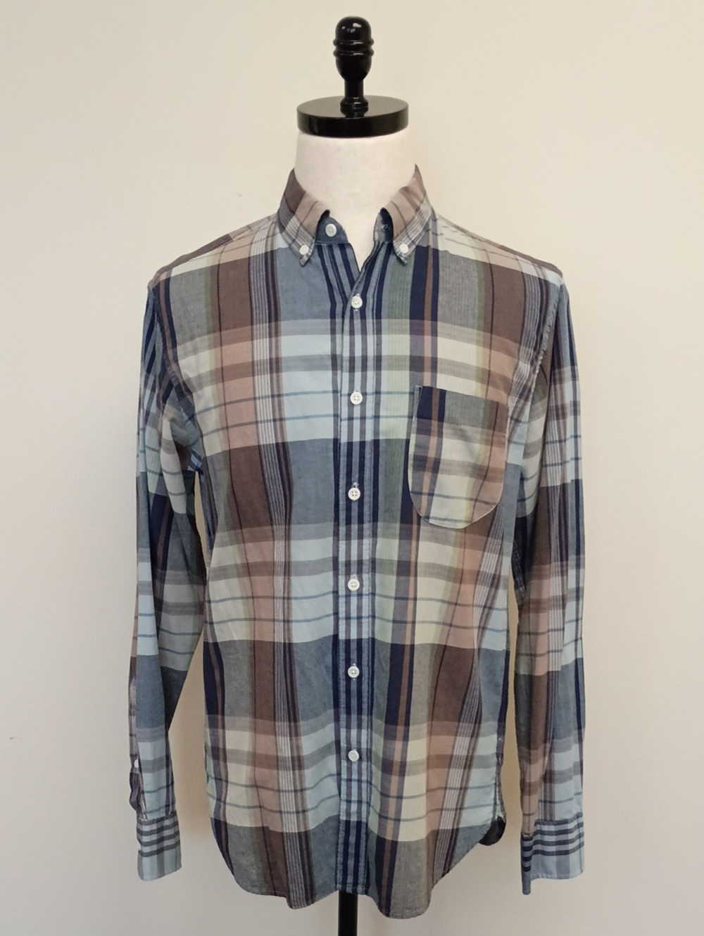 J.Crew Slim Indian Madras Plaid Button Down Shirt Blue Brown Men's Medium - Picture 1 of 6